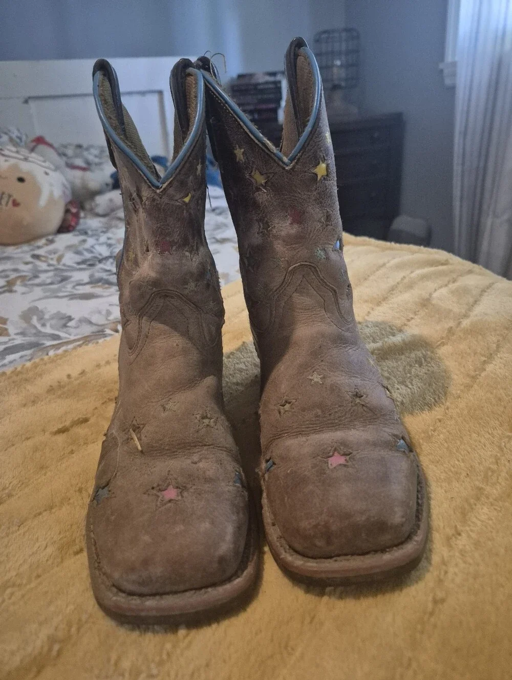 Dan Post Kids Brown Western Boots with Pink, Yellow & Blue Star Accents